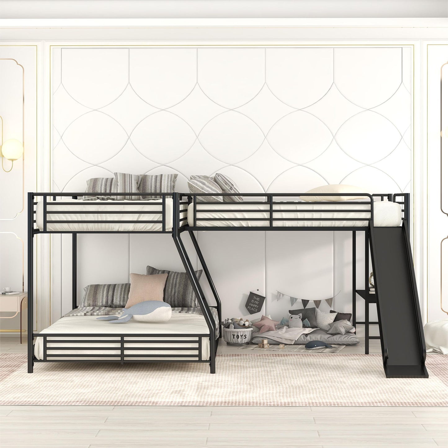 L-Shaped Twin Over Full Bunk Bed With Twin Loft, Built In Desk And Slide - Black - The Sleep Loft - Online Mattress Showroom NYC