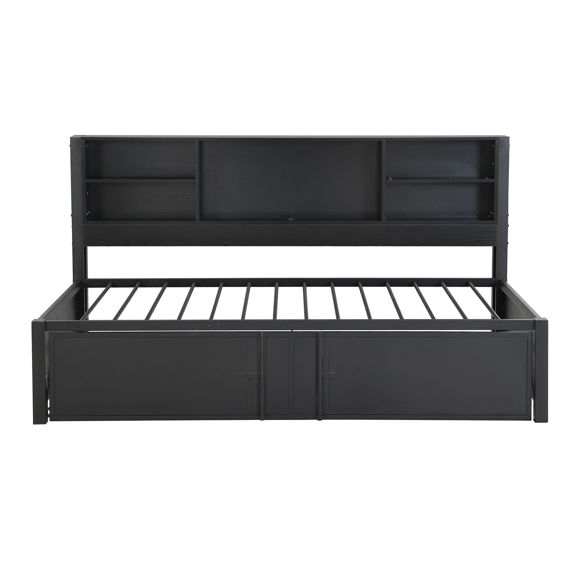 Industrial Metal Daybed With Trundle, Storage Shelves, USB Ports - The Sleep Loft - Online Mattress Showroom NYC