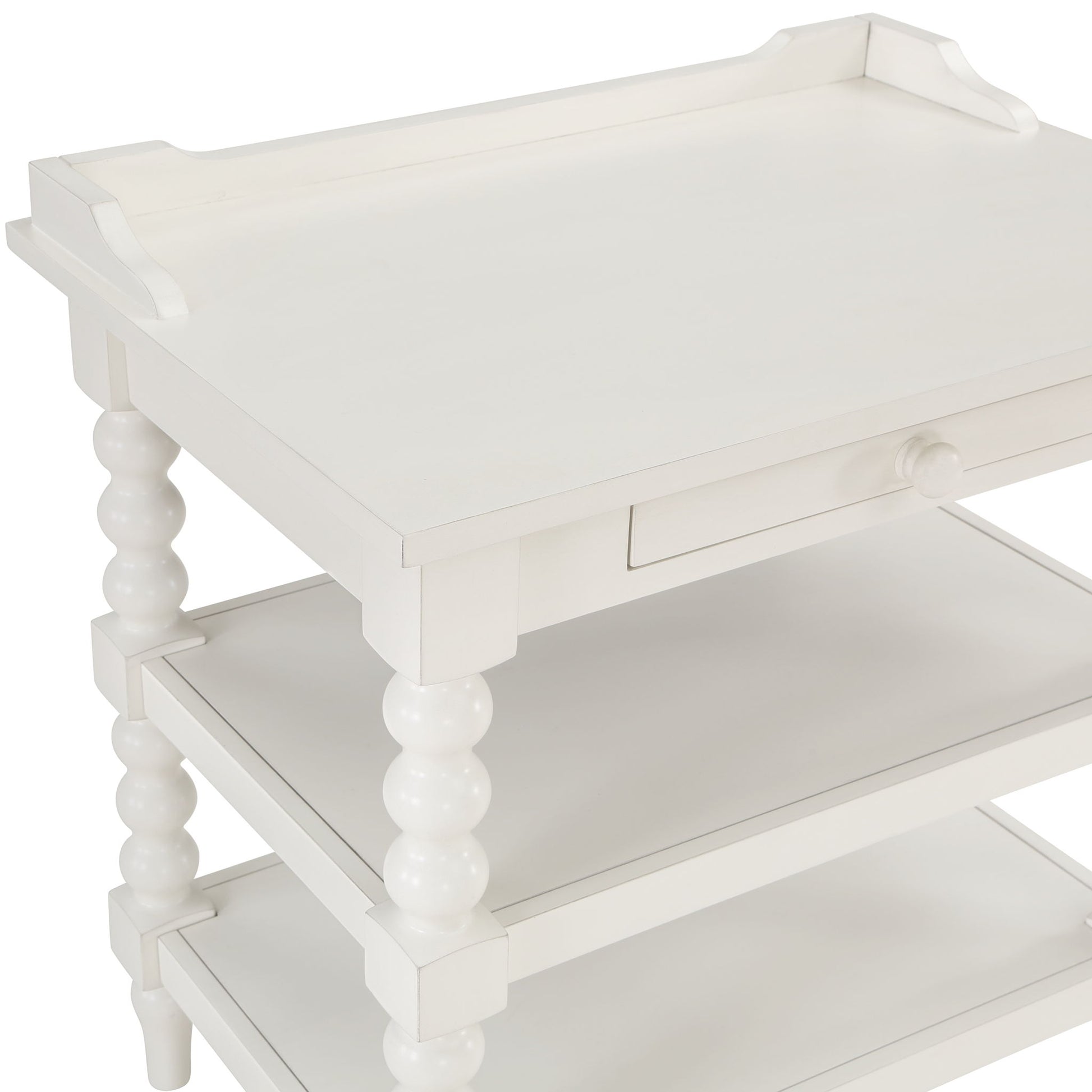 Aria - Nightstand With Styling, 2 Shelves, Pull Out Tray, Spool Turned Legs - Antique White - The Sleep Loft - Online Mattress Showroom NYC