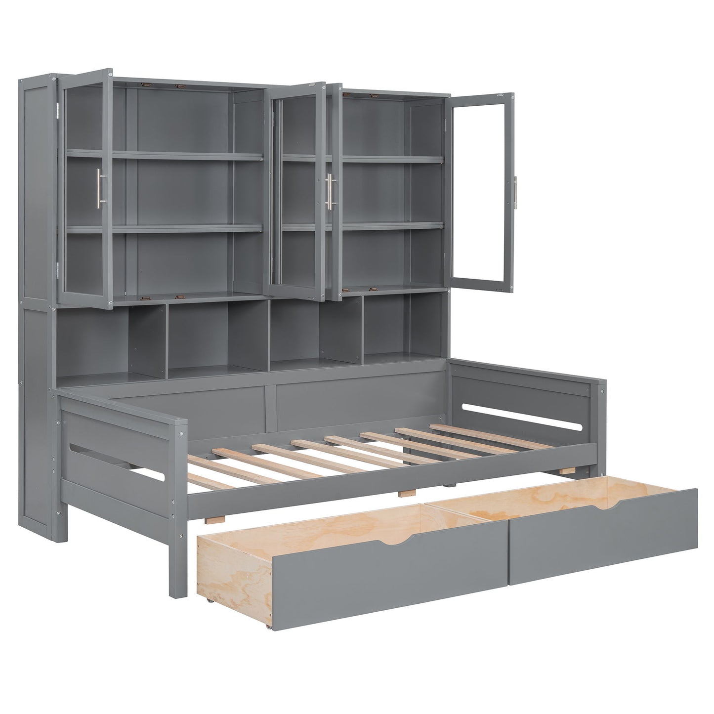 Daybed With Glass Door Storage Cabinets, Built In LED Lighting And Shelves - The Sleep Loft - Online Mattress Showroom NYC