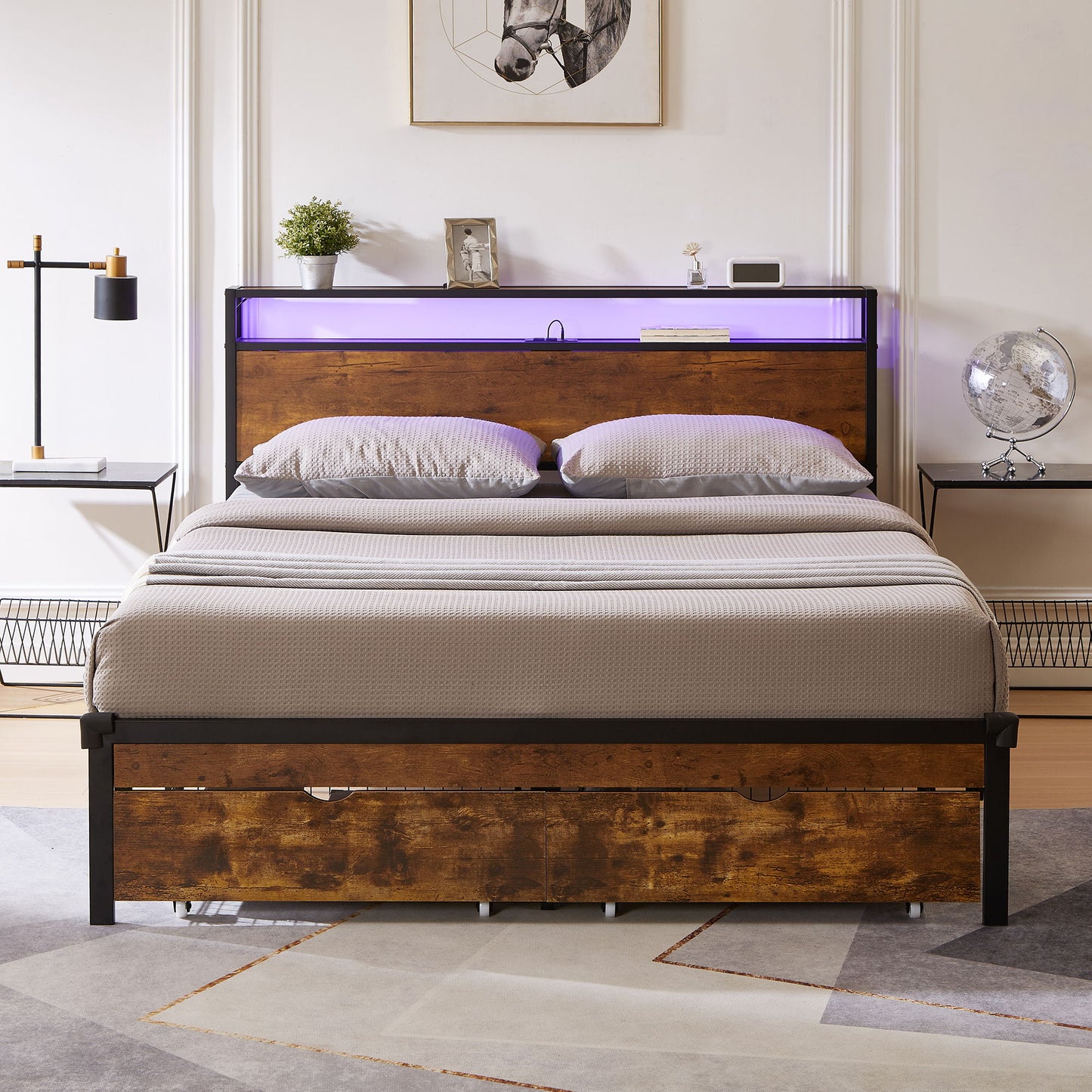Modern Metal Platform Bed Frame With Wooden Headboard, USB Charging, LED Lights, And Storage - The Sleep Loft - Online Mattress Showroom NYC