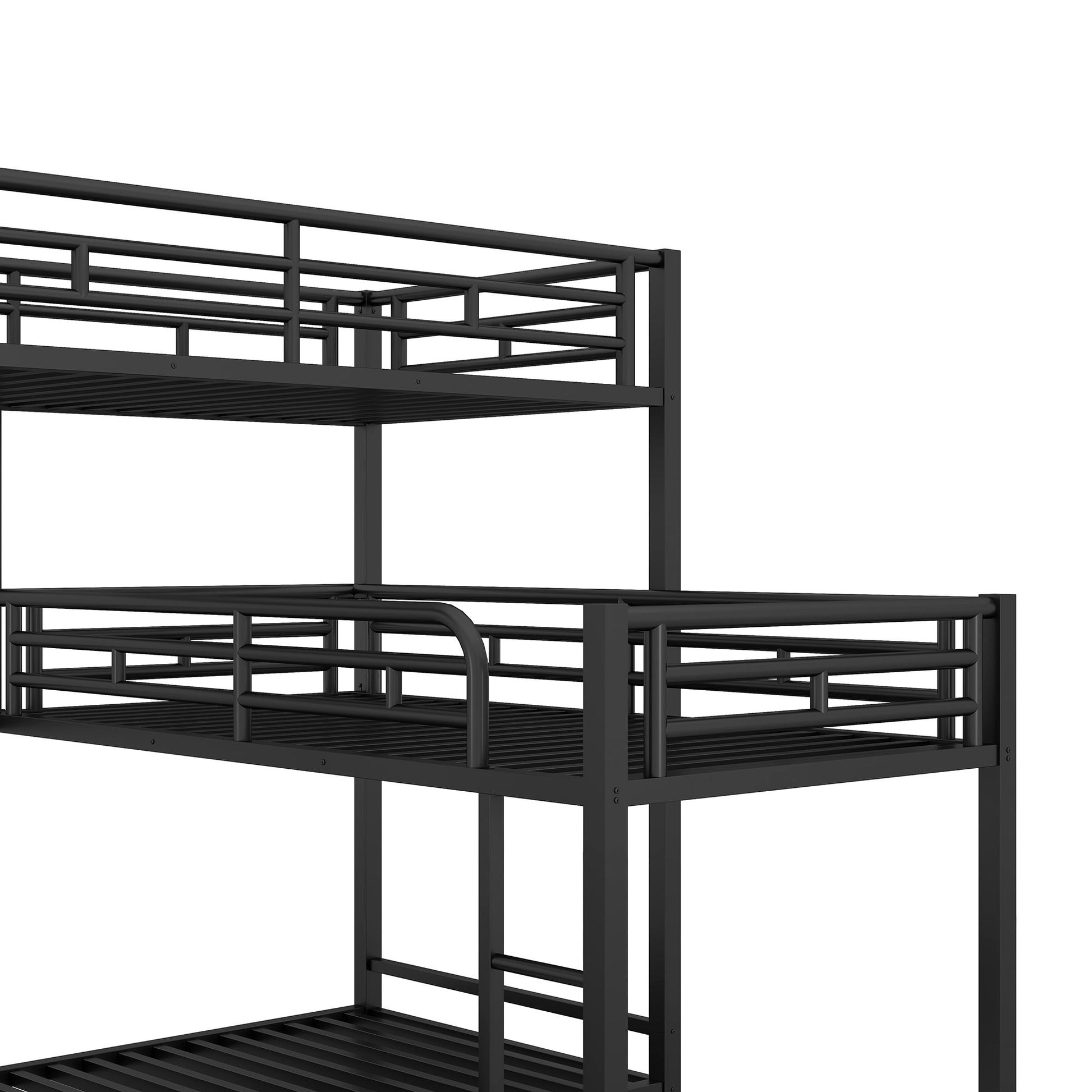 L-Shaped Triple Twin Size Bunk Bed, Industrial Design With Integrated Ladder And Full Length Guardrails - Black - The Sleep Loft - Online Mattress Showroom NYC