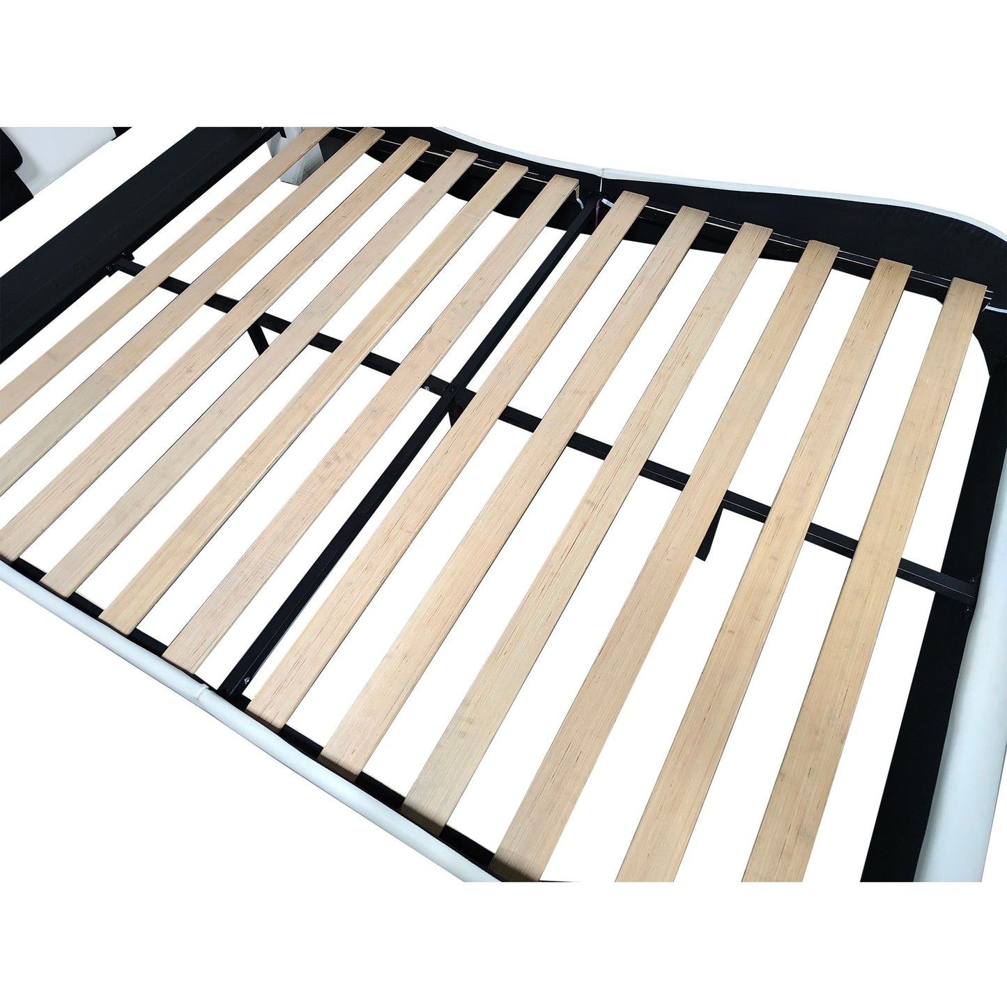 Upholstered Platform Bed Frame With LED Lighting, Bluetooth Connection To Play Music Control, Backrest Vibration Massage, Curve Design, Wood Slat Support, Exhibited Speakers - The Sleep Loft - Online Mattress Showroom NYC