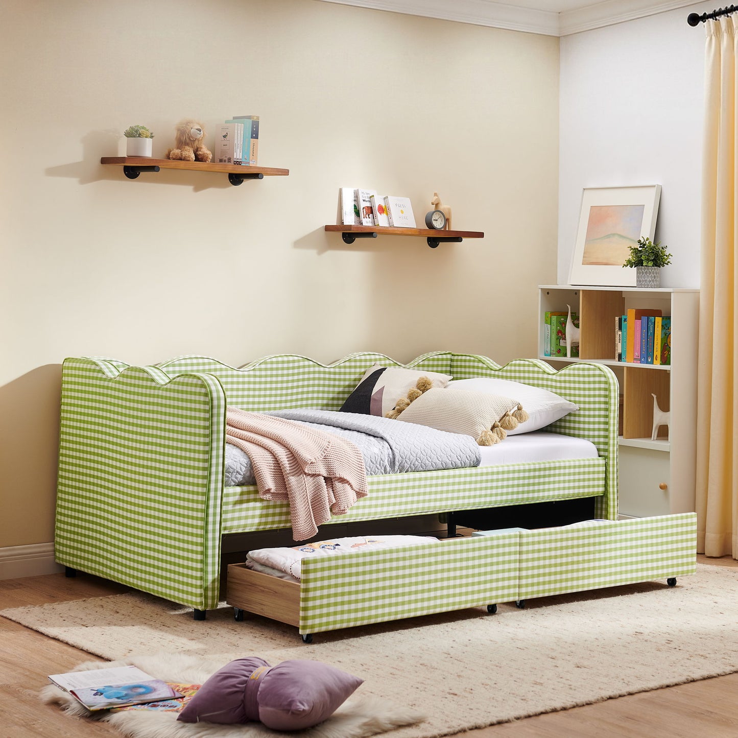 Gingham Daybed With USB Charging Port, Wave-Shaped Design - The Sleep Loft - Online Mattress Showroom NYC