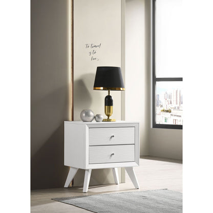 Nightstand With Angled Legs, Round Knobs, Wave Texture, 2 Drawer Bedside Table - White