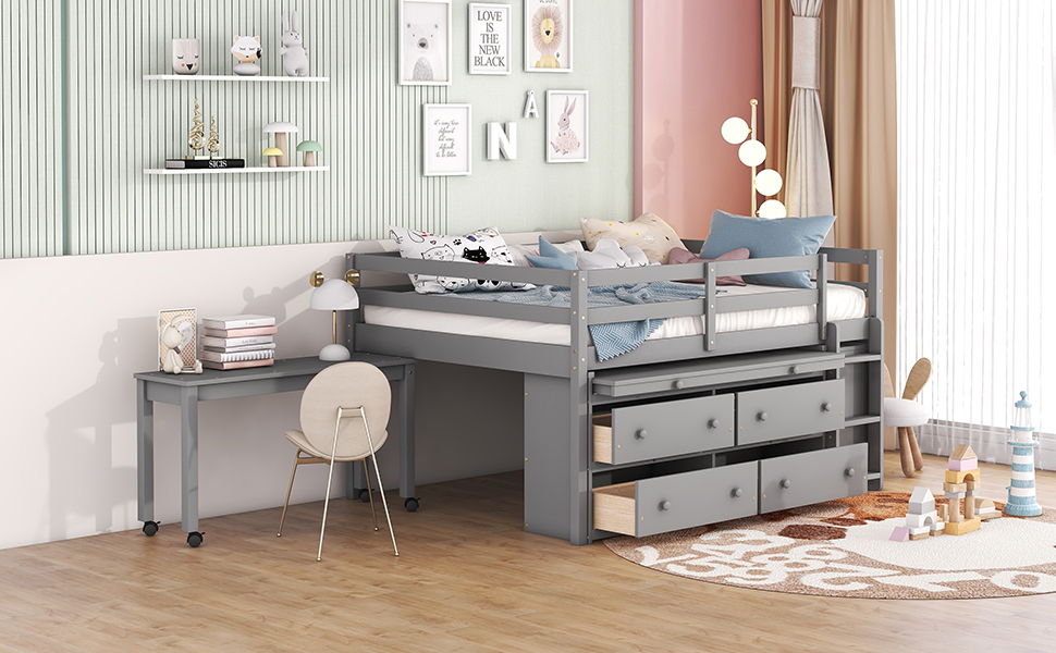 Loft Bed With Retractable Writing Desk And 4 Drawers, With Lateral Portable Desk And Shelves - The Sleep Loft - Online Mattress Showroom NYC