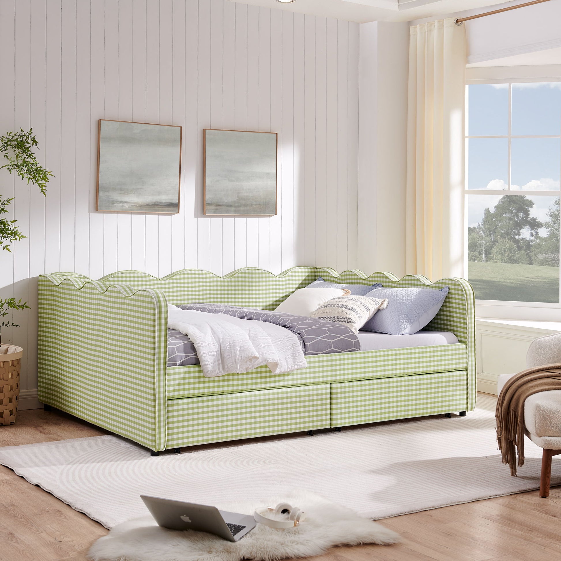 Gingham Daybed With USB Charging Port, Wave-Shaped Design - The Sleep Loft - Online Mattress Showroom NYC