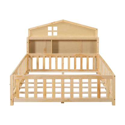 Full Size Montessori Floor Bed With Bookcases And boards, Solid Wood Platform Bed With Guard Rails And Storage Headboards - Natural - The Sleep Loft - Online Mattress Showroom NYC