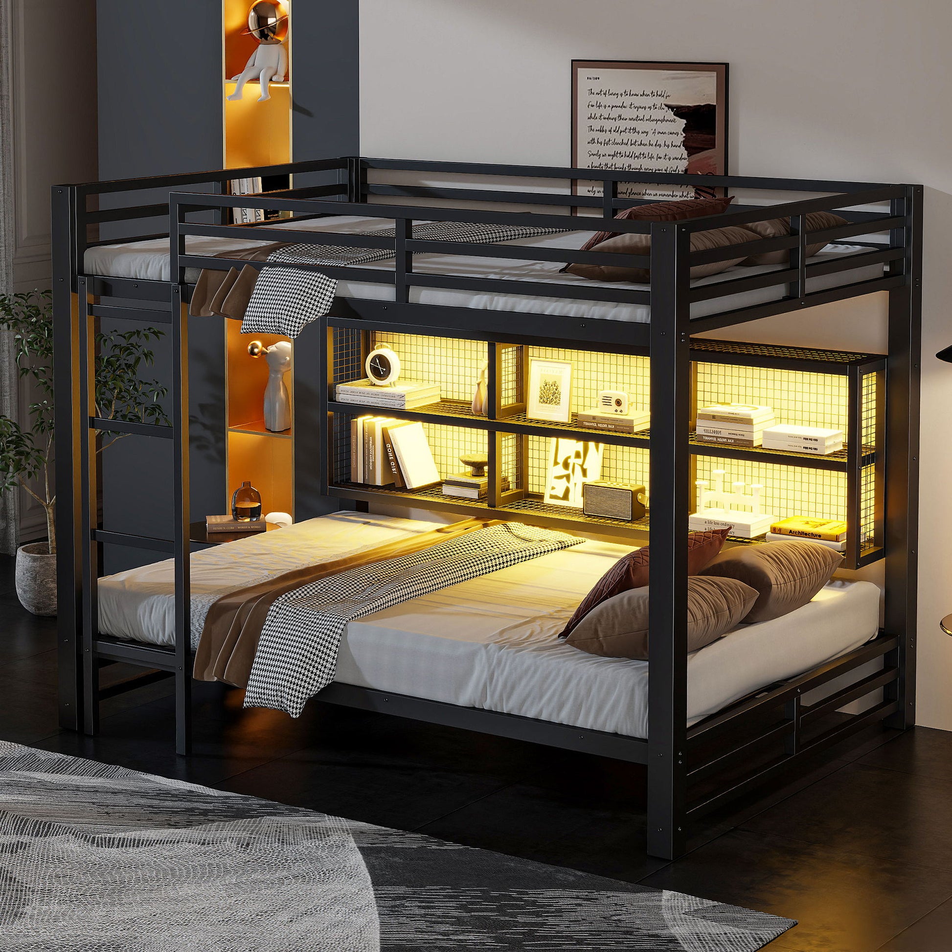 Queen Over Queen Bunk Bed With Storage Cabinets And LED Sturdy Frame, 6 Storage Units, Adjustable LED Lights - Black - The Sleep Loft - Online Mattress Showroom NYC