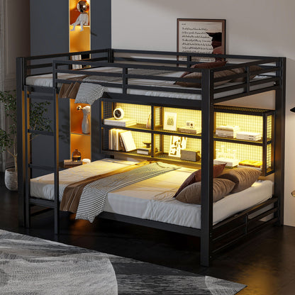 Queen Over Queen Bunk Bed With Storage Cabinets And LED Sturdy Frame, 6 Storage Units, Adjustable LED Lights - Black - The Sleep Loft - Online Mattress Showroom NYC
