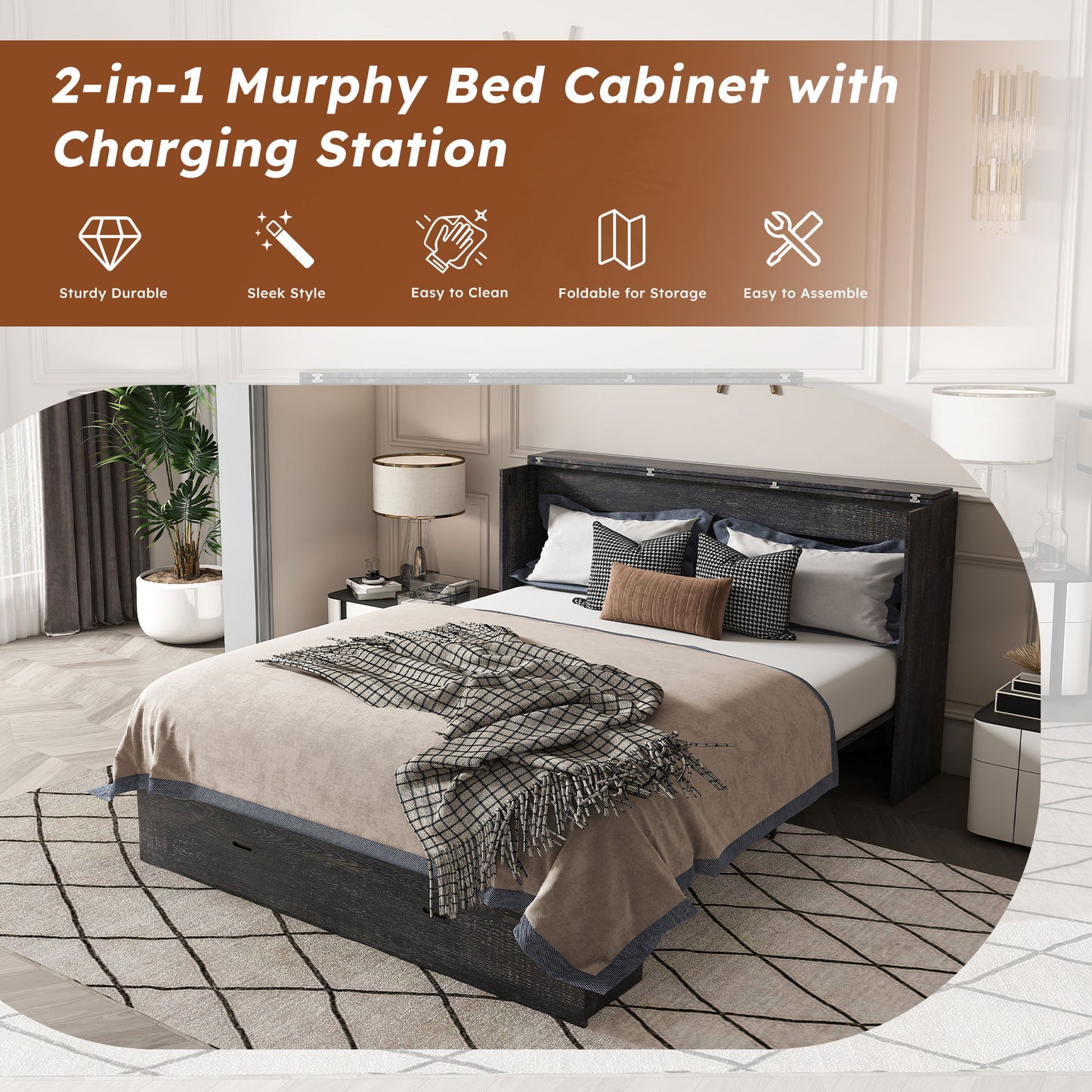Full Murphy Bed With Storage Drawers, Charging Station, Foldable Panels, And Silent Swivel Wheels