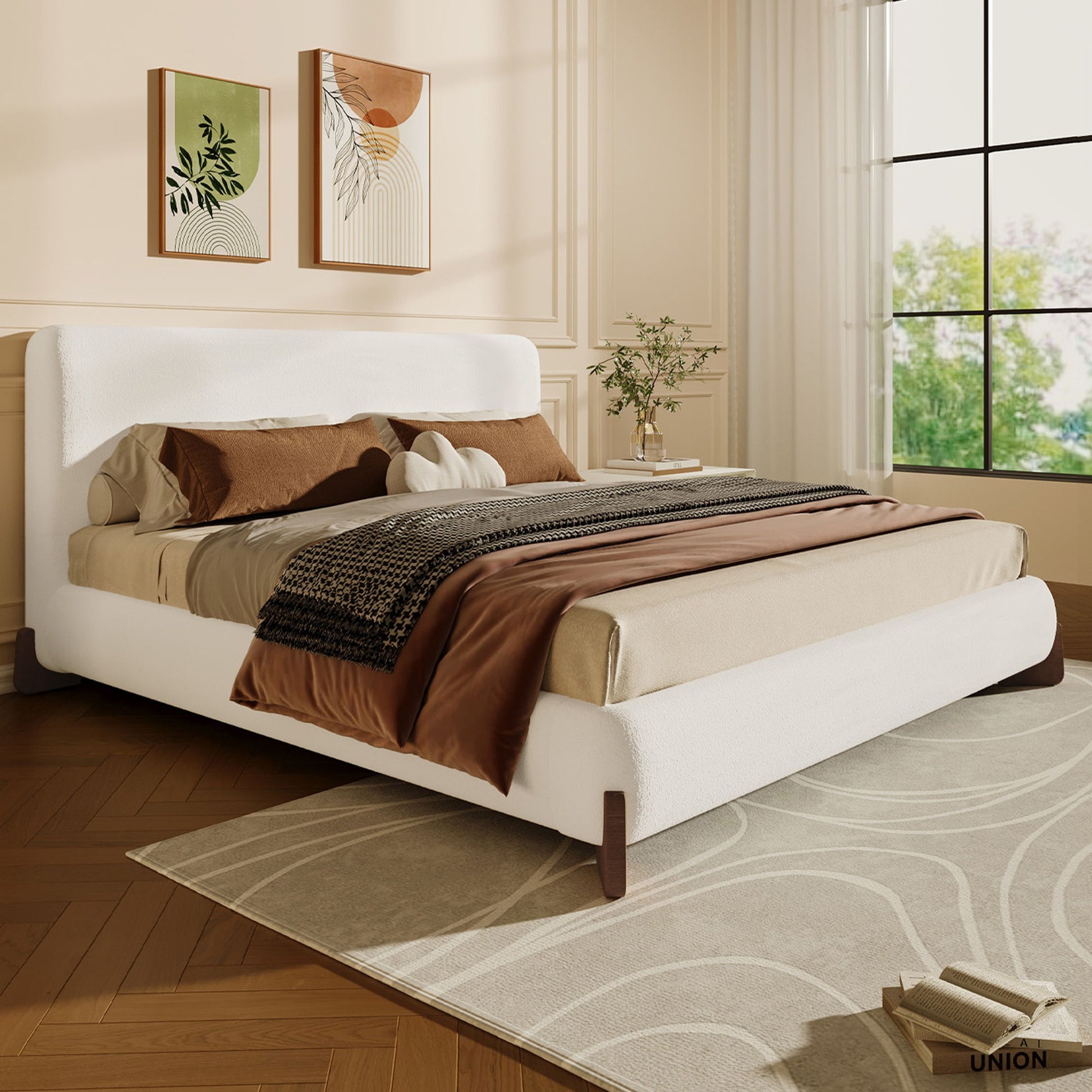 Elegant Boucle Upholstered Bed With Solid Wood Legs - The Sleep Loft - Online Mattress Showroom NYC