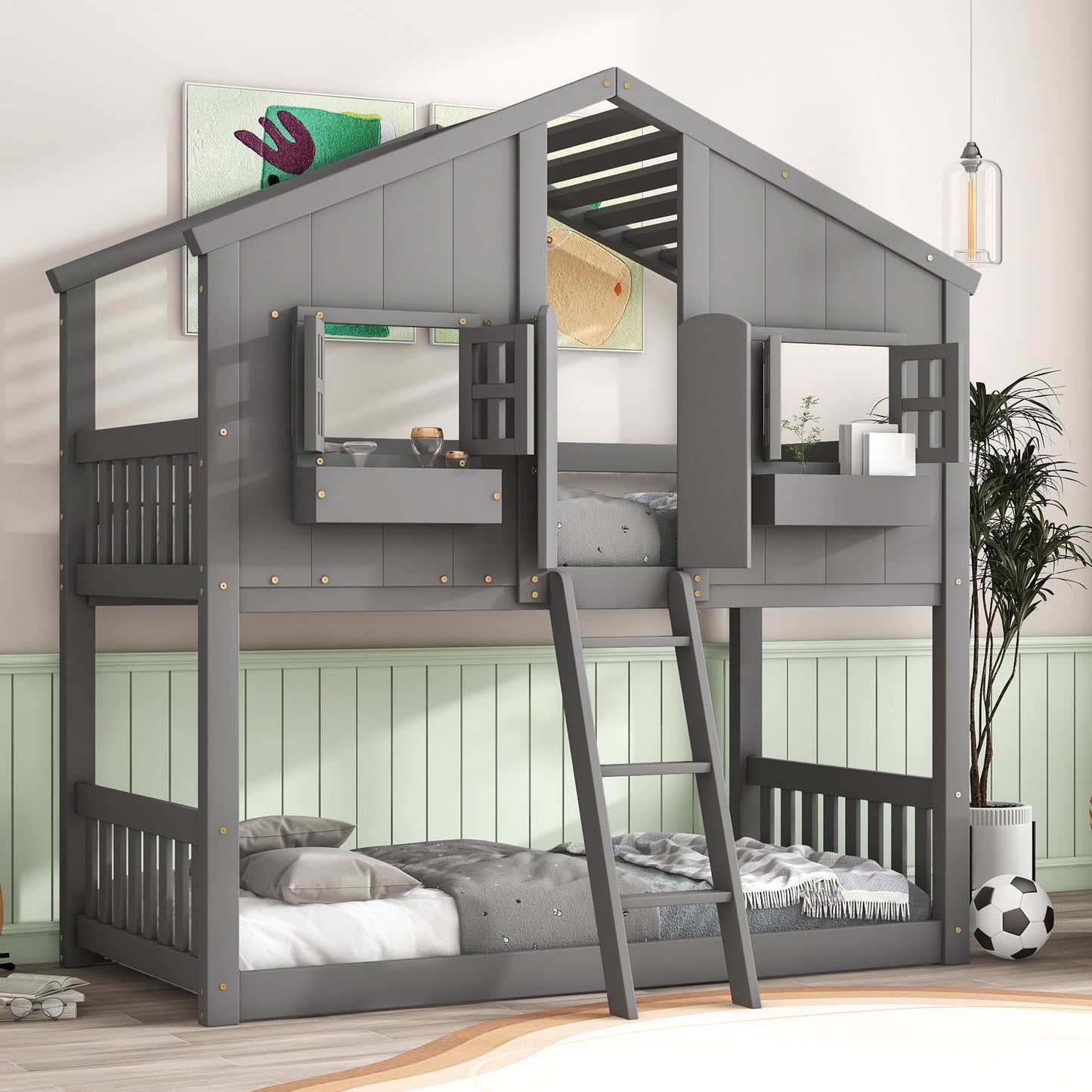 House Bunk Bed With Roof, Window, Window Box, Door, With Safety Guardrails And Ladder - The Sleep Loft - Online Mattress Showroom NYC