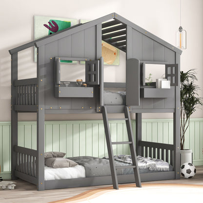 House Bunk Bed With Roof, Window, Window Box, Door, With Safety Guardrails And Ladder - The Sleep Loft - Online Mattress Showroom NYC