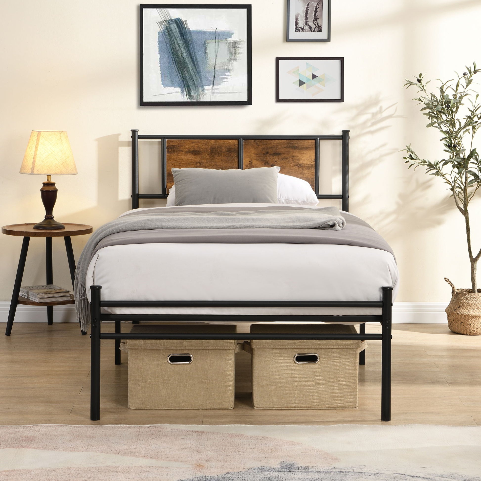 ModerMetal Bedframe With Wood Panel Headboard - The Sleep Loft - Online Mattress Showroom NYC
