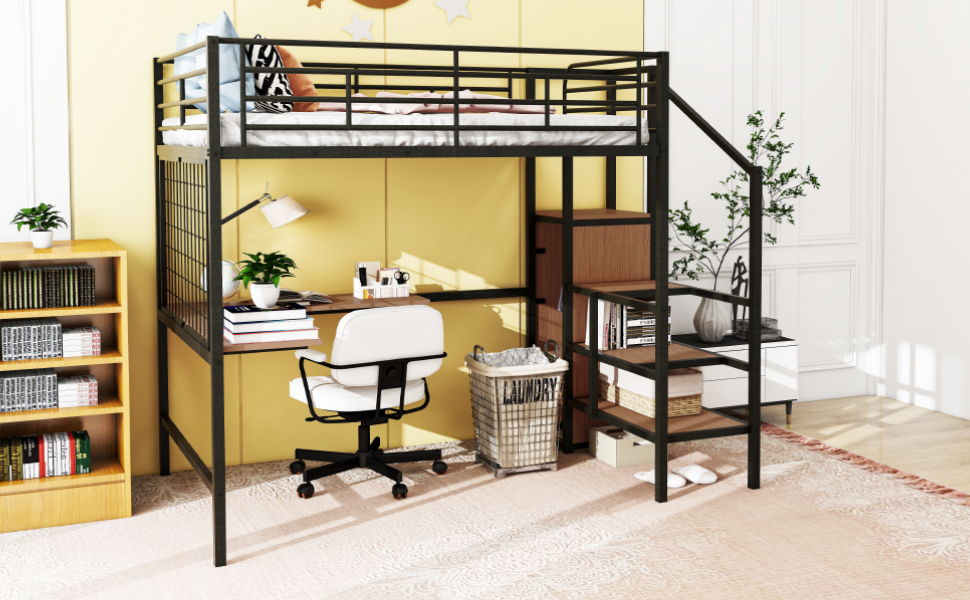 Loft Bed With Desk And Grid, Stylish Frame With Lateral Storage Ladder And Wardrobe - The Sleep Loft - Online Mattress Showroom NYC