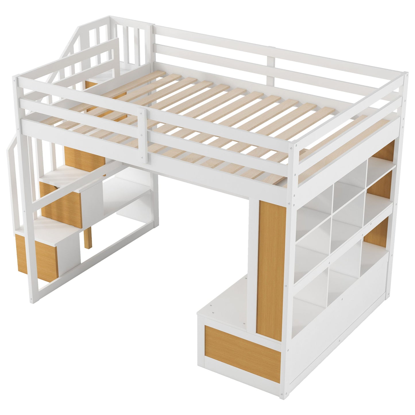 Full Size Loft Bed With Desk And Shelves, 2 Built In Drawers, Storage Staircase - Natural / White - The Sleep Loft - Online Mattress Showroom NYC