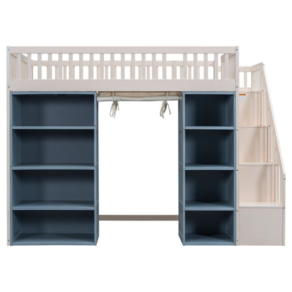 Full Size Loft Bed With 2 Four Layer Storage Cabinets And Curtain With Built In Staircase And Privacy Curtain - White - The Sleep Loft - Online Mattress Showroom NYC