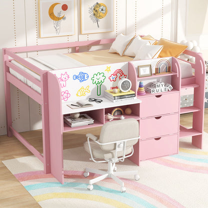 Low Loft Bed With Built In Desk, Storage Cabinets, Open Bookcase And Doodle board - The Sleep Loft - Online Mattress Showroom NYC