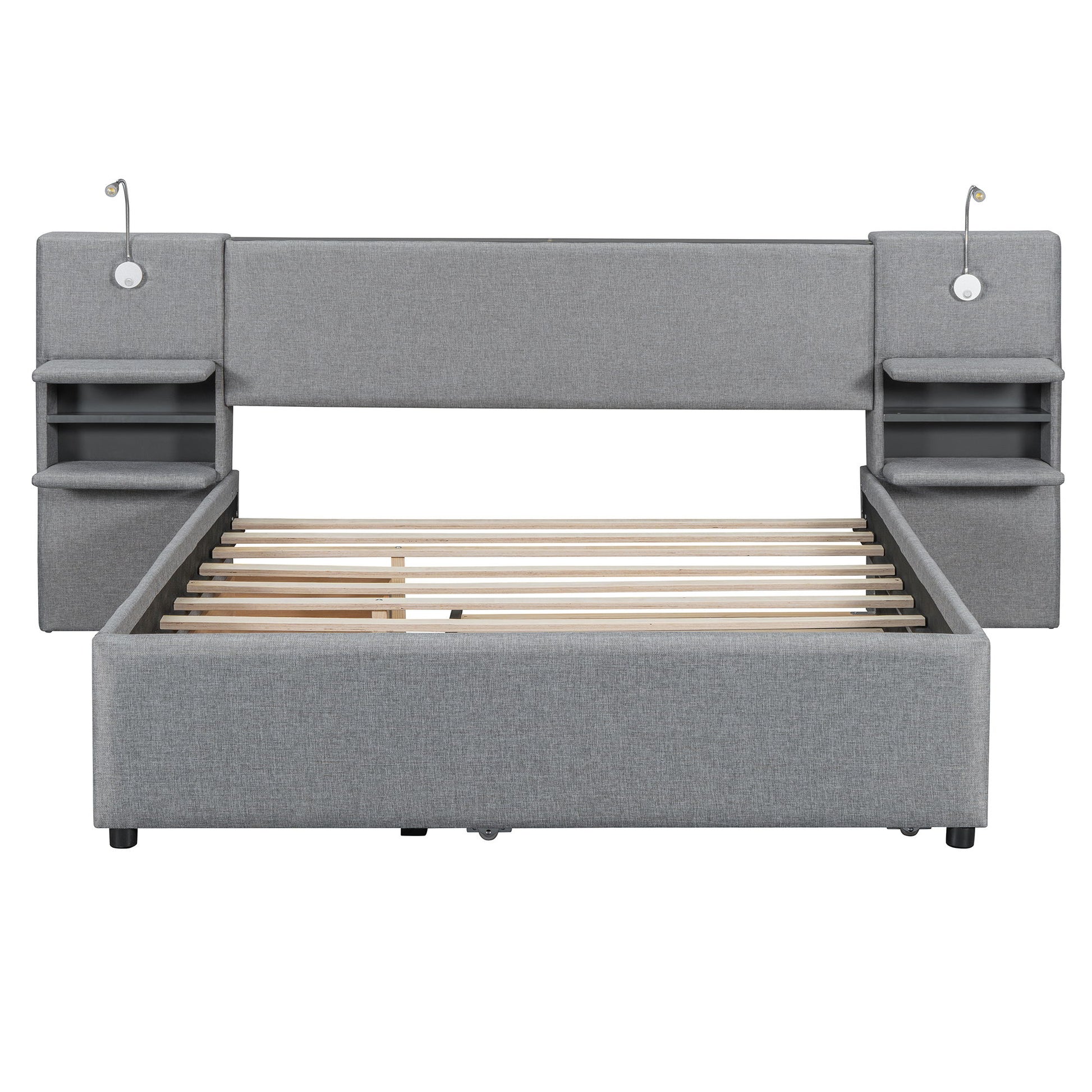 Upholstered Platform Bed With Reading Lights, Drawers, Trundle And Shelves - The Sleep Loft - Online Mattress Showroom NYC