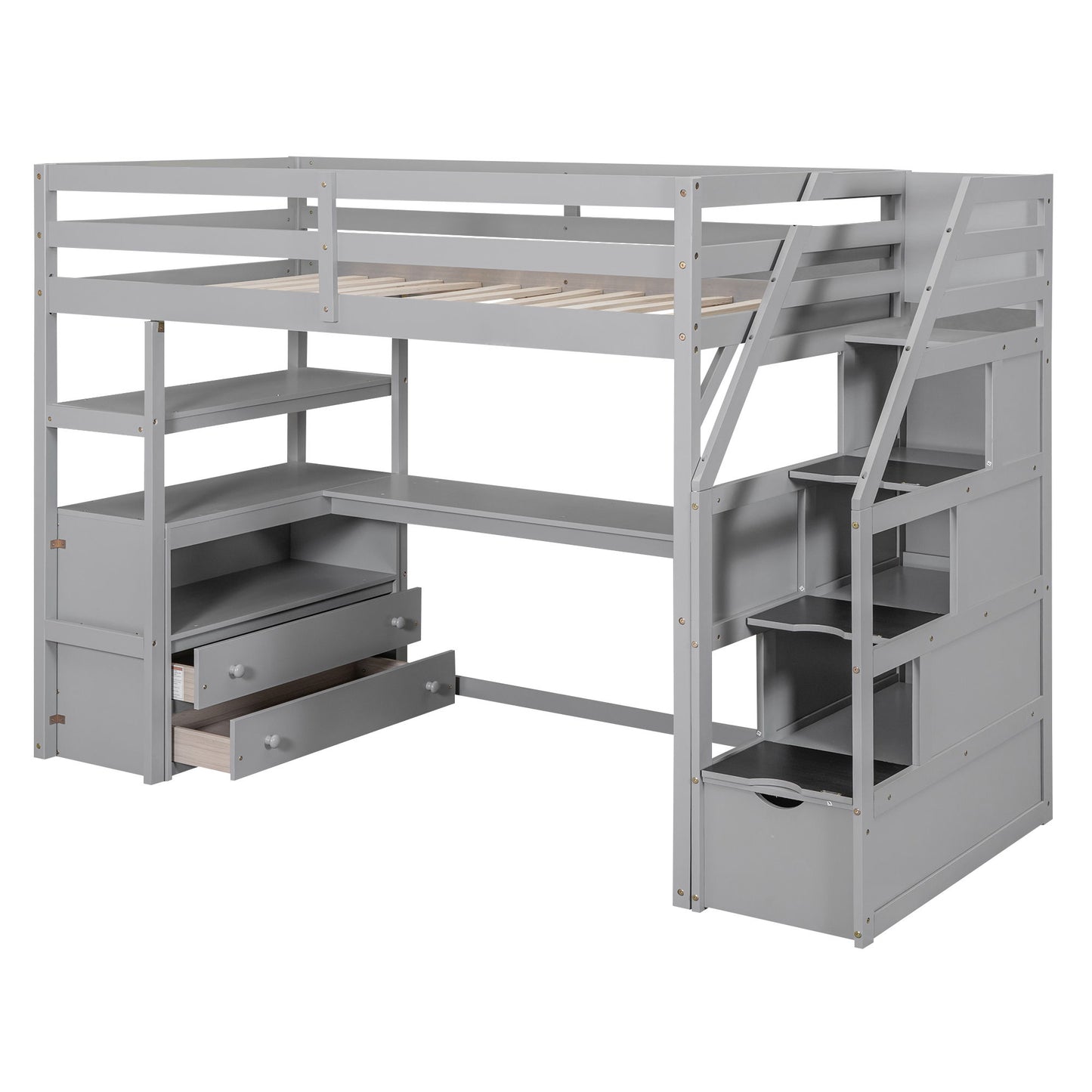 Loft Bed With Desk, Shelves, 2 Drawers, Storage Staircase - The Sleep Loft - Online Mattress Showroom NYC
