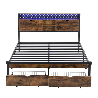 Modern Metal Platform Bed Frame With Wooden Headboard, USB Charging Station, Storage Drawers