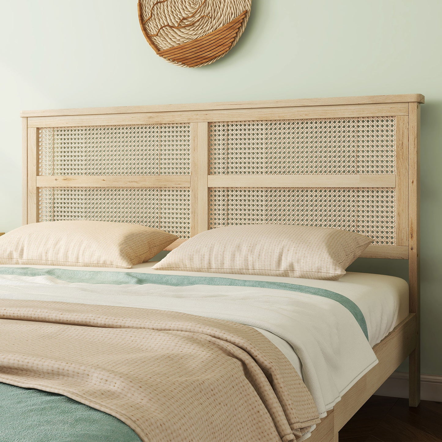 Queen Size Rubber Wooden, Solid Wooden Bed With Rattan Headboard, Enhanced By Support Feet - Natural - The Sleep Loft - Online Mattress Showroom NYC