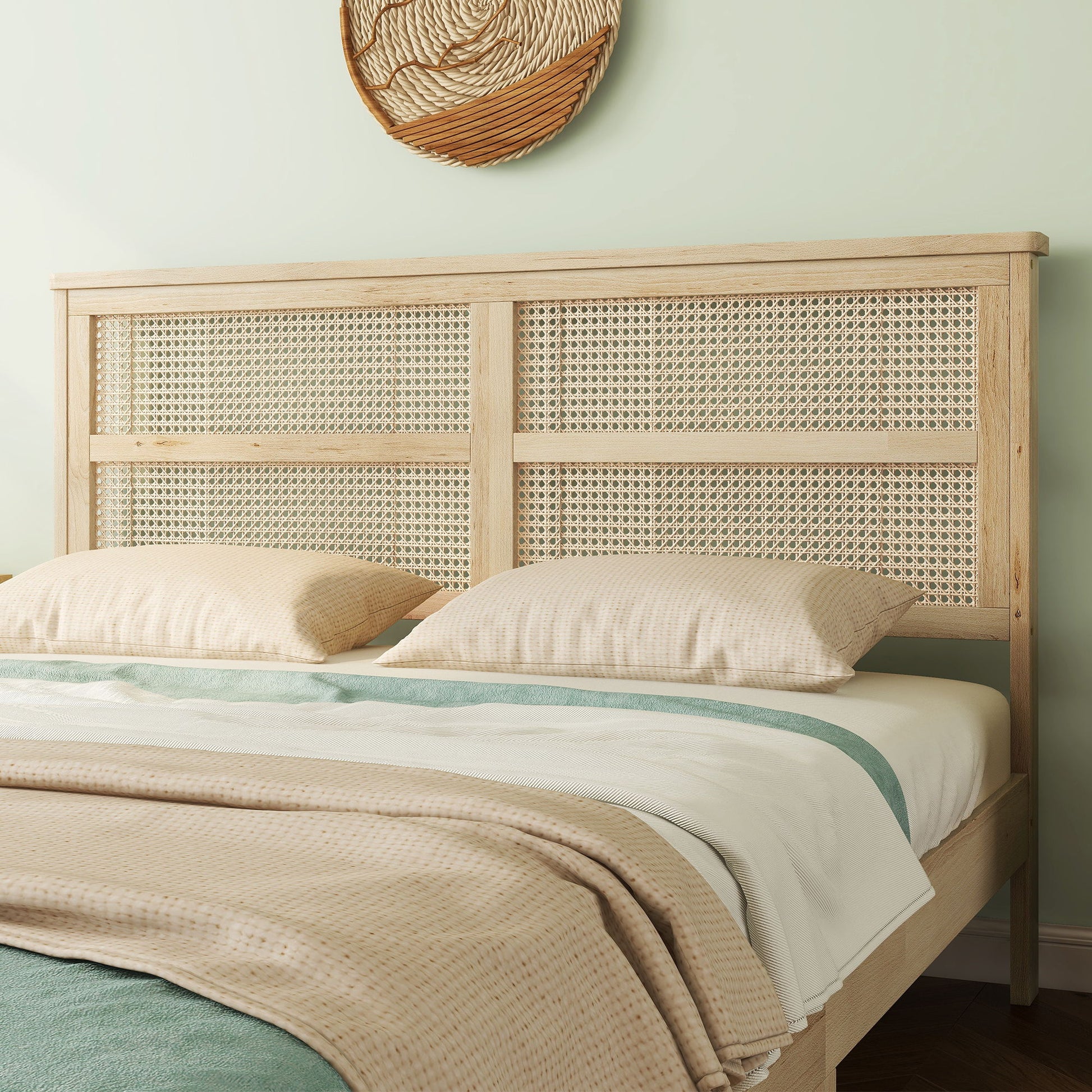 Queen Size Rubber Wooden, Solid Wooden Bed With Rattan Headboard, Enhanced By Support Feet - Natural - The Sleep Loft - Online Mattress Showroom NYC