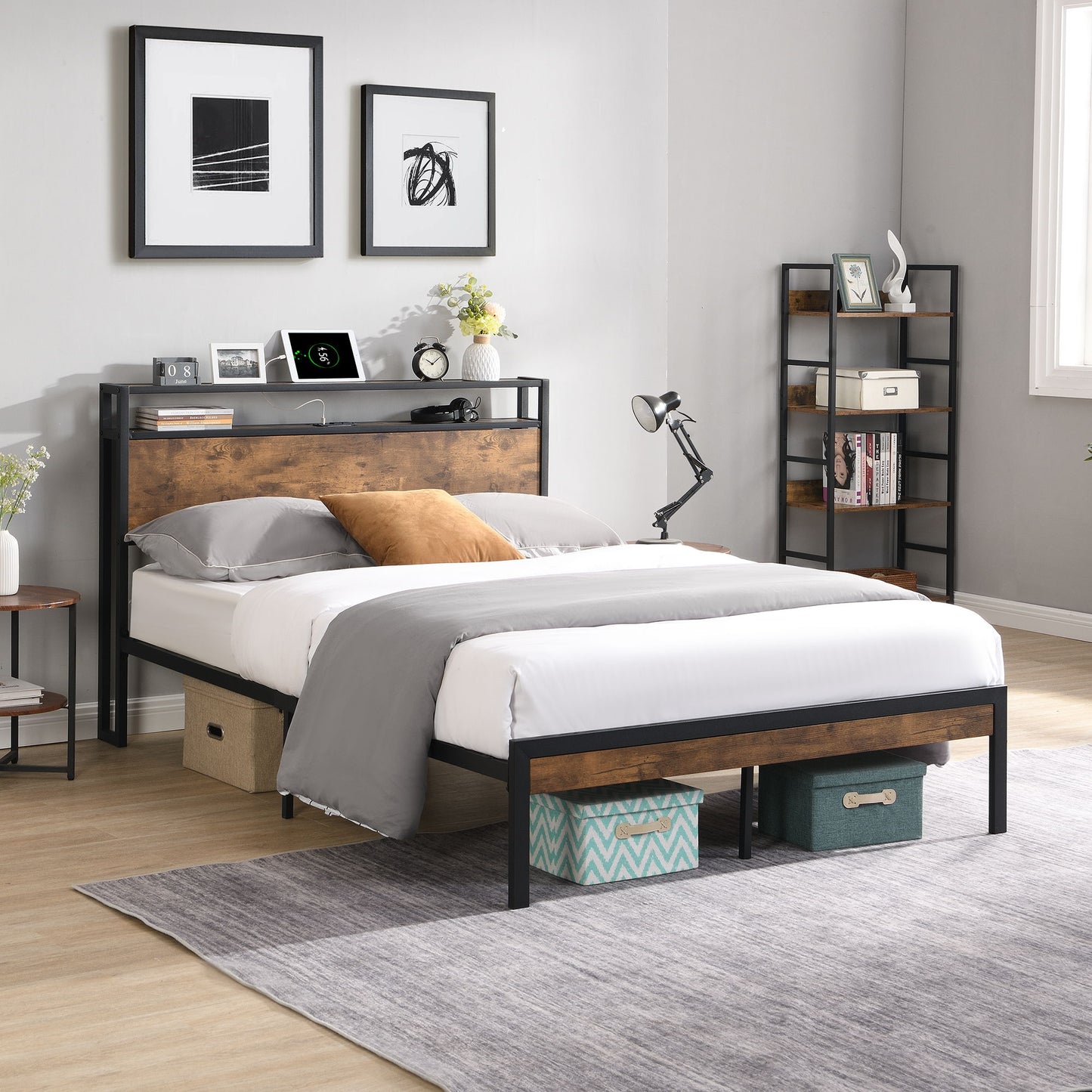 Metal Platform Bed Frame With Wooden Headboard And Footboard With USB Liner, No Box Spring Needed, Under Bed Storage - The Sleep Loft - Online Mattress Showroom NYC