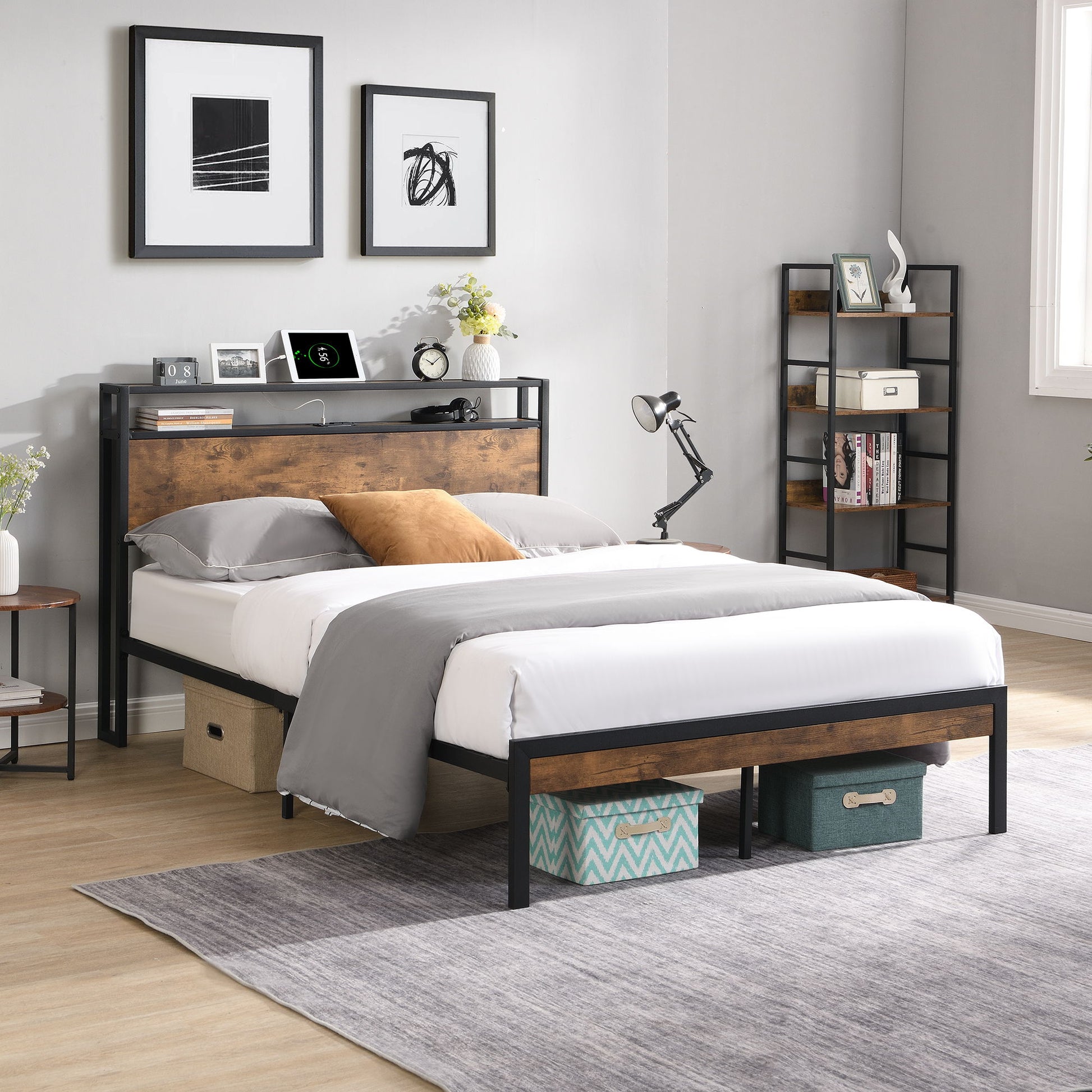 Metal Platform Bed Frame With Wooden Headboard And Footboard With USB Liner, No Box Spring Needed, Under Bed Storage - The Sleep Loft - Online Mattress Showroom NYC