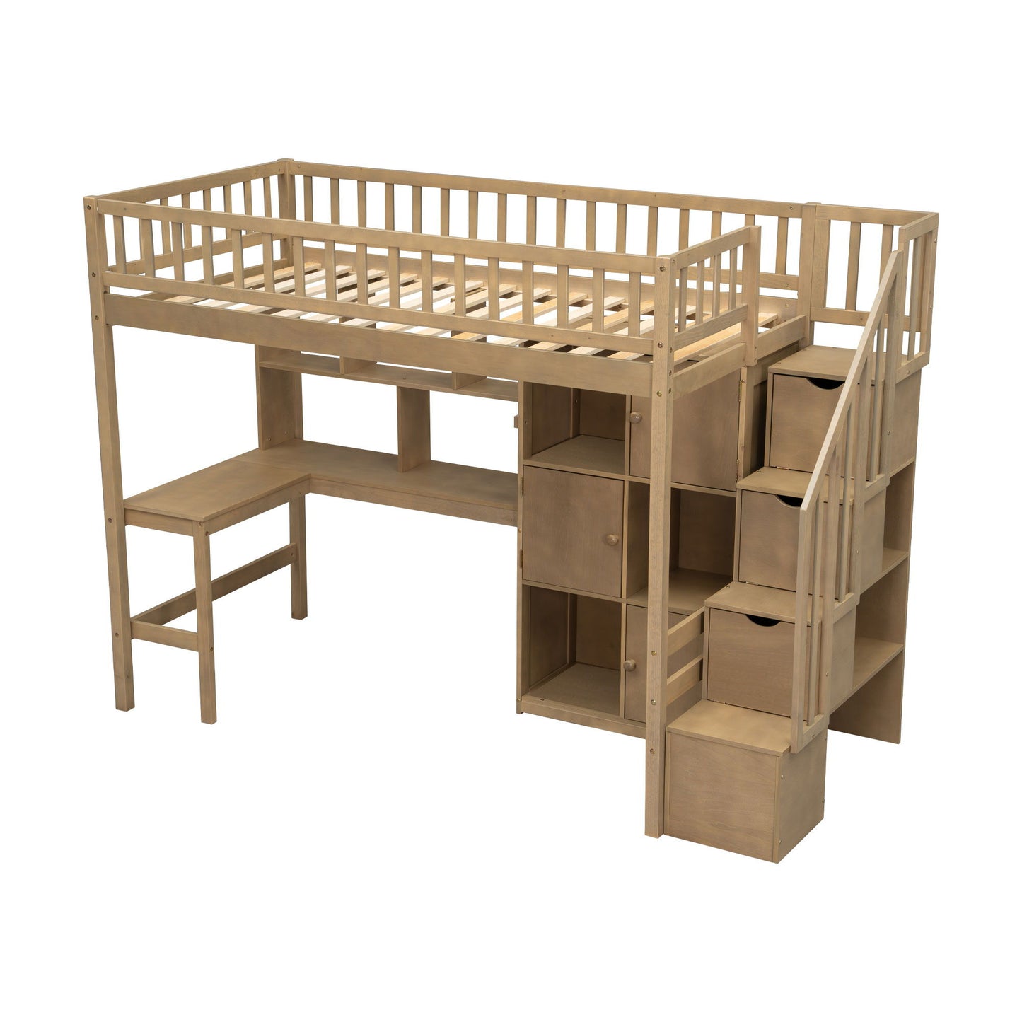 Loft Bed With Built In L Shaped Desk, LED Lights, Storage Shelves, Cabinets, And Staircase - The Sleep Loft - Online Mattress Showroom NYC