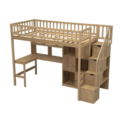 Loft Bed With Built In L Shaped Desk, LED Lights, Storage Shelves, Cabinets, And Staircase - The Sleep Loft - Online Mattress Showroom NYC
