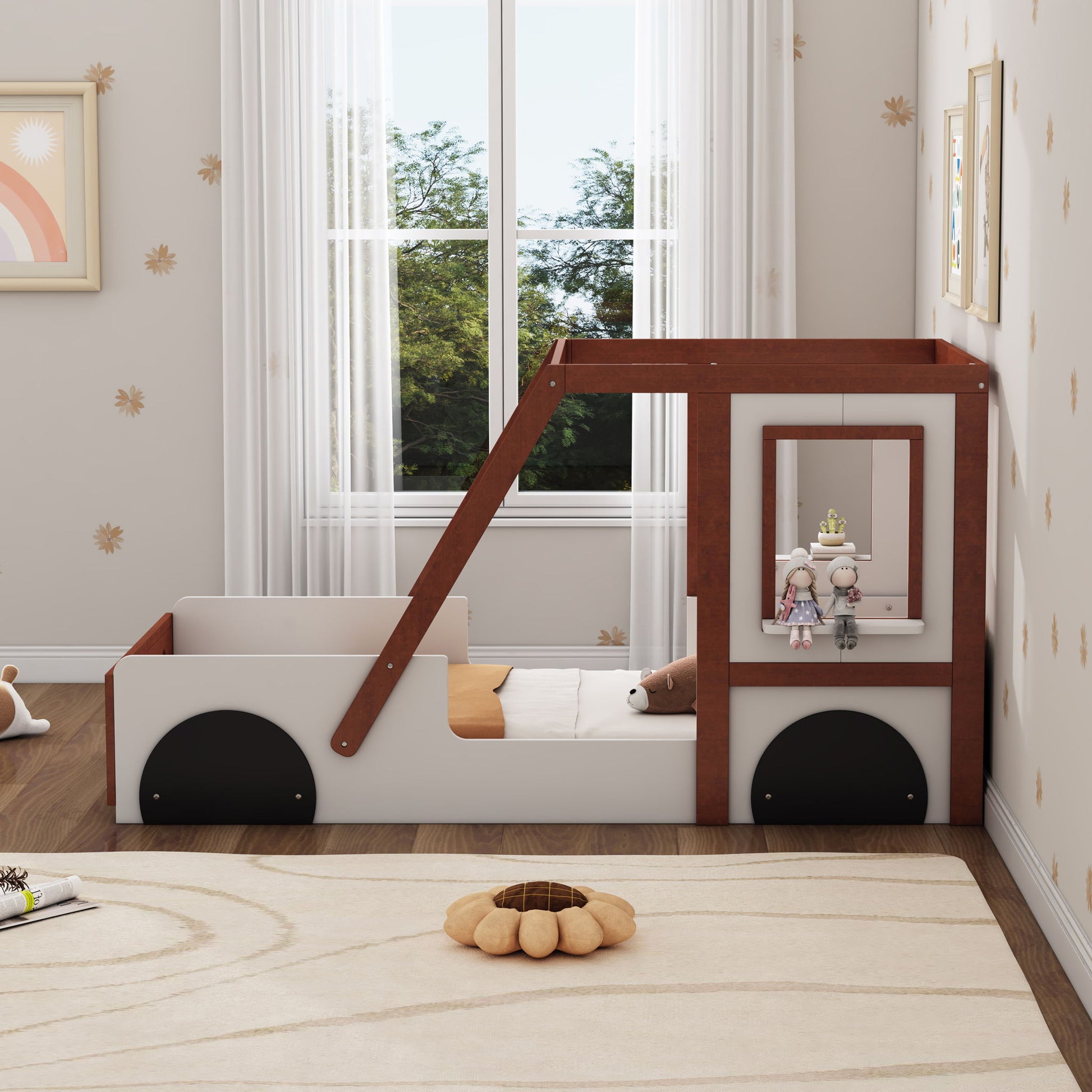 Fun Play Design Twin Size Car Bed, Kids Platform Bed In Car Shaped For Kids Boys Girls Teens - White / Orange - The Sleep Loft - Online Mattress Showroom NYC