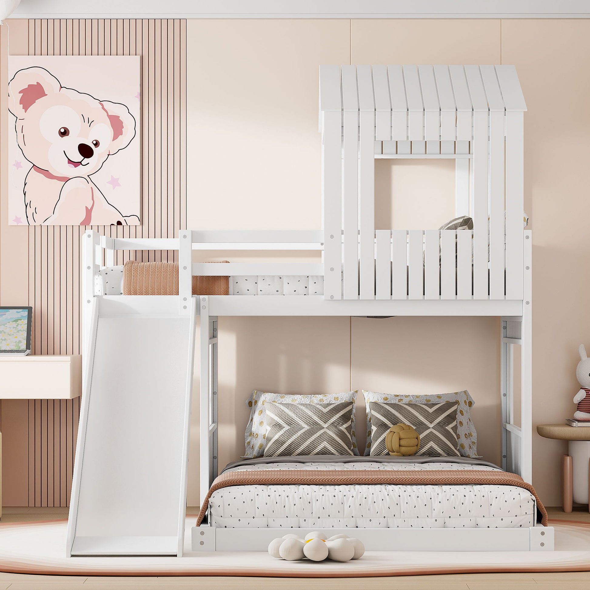 Loft Bunk Bed With Playhouse, Farmhouse, Ladder, Slide And Guardrails - The Sleep Loft - Online Mattress Showroom NYC