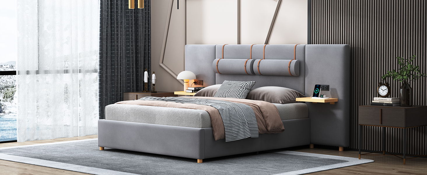 Upholstered Platform Bed, 2 Outlets And USB Charging Ports On Both Sides, 2 Bedside Pillows, Storage Shelves - The Sleep Loft - Online Mattress Showroom NYC
