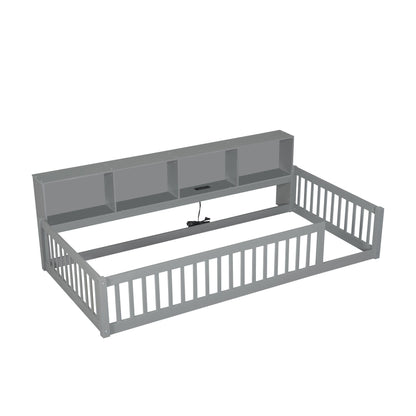 Twin Long Floor Bed With Storage Cabinets And USB Ports - Gray - The Sleep Loft - Online Mattress Showroom NYC