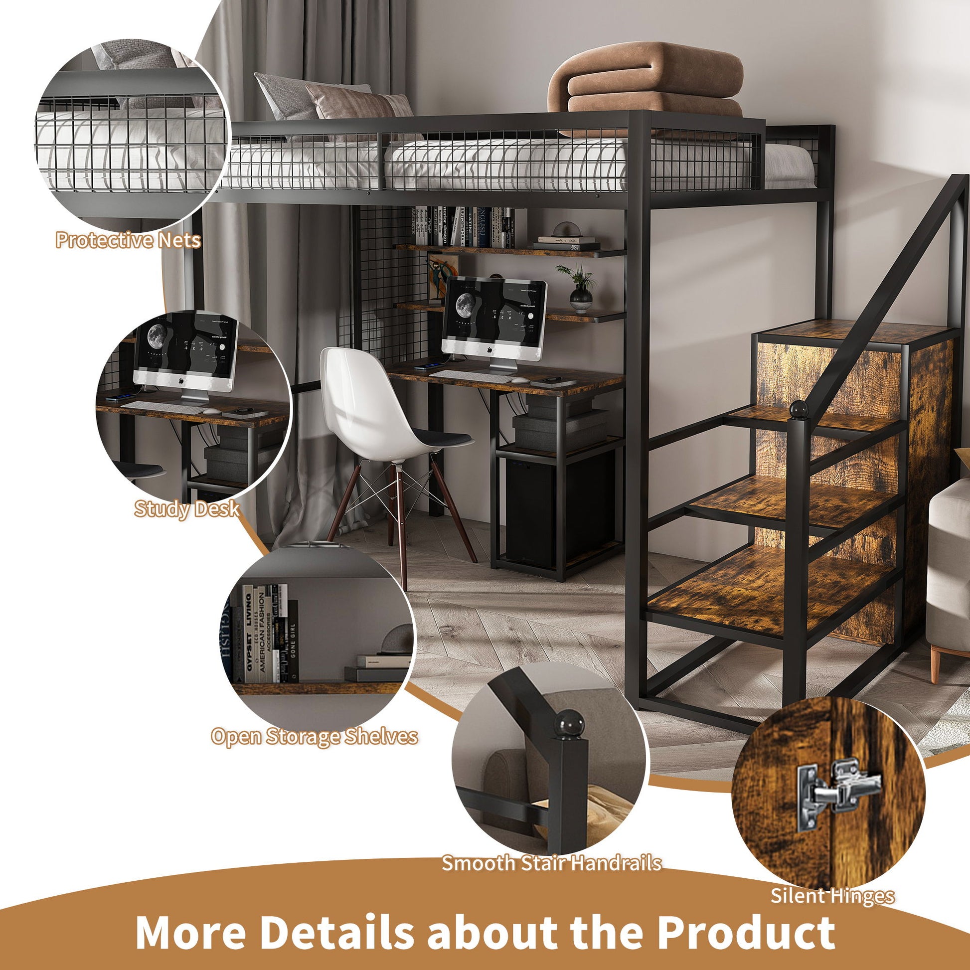 Full Size Loft Bed With Desk & Wardrobe Heavy Frame, Built In Staircase, Storage Rack & Shelves Gaming Bed - Black - The Sleep Loft - Online Mattress Showroom NYC