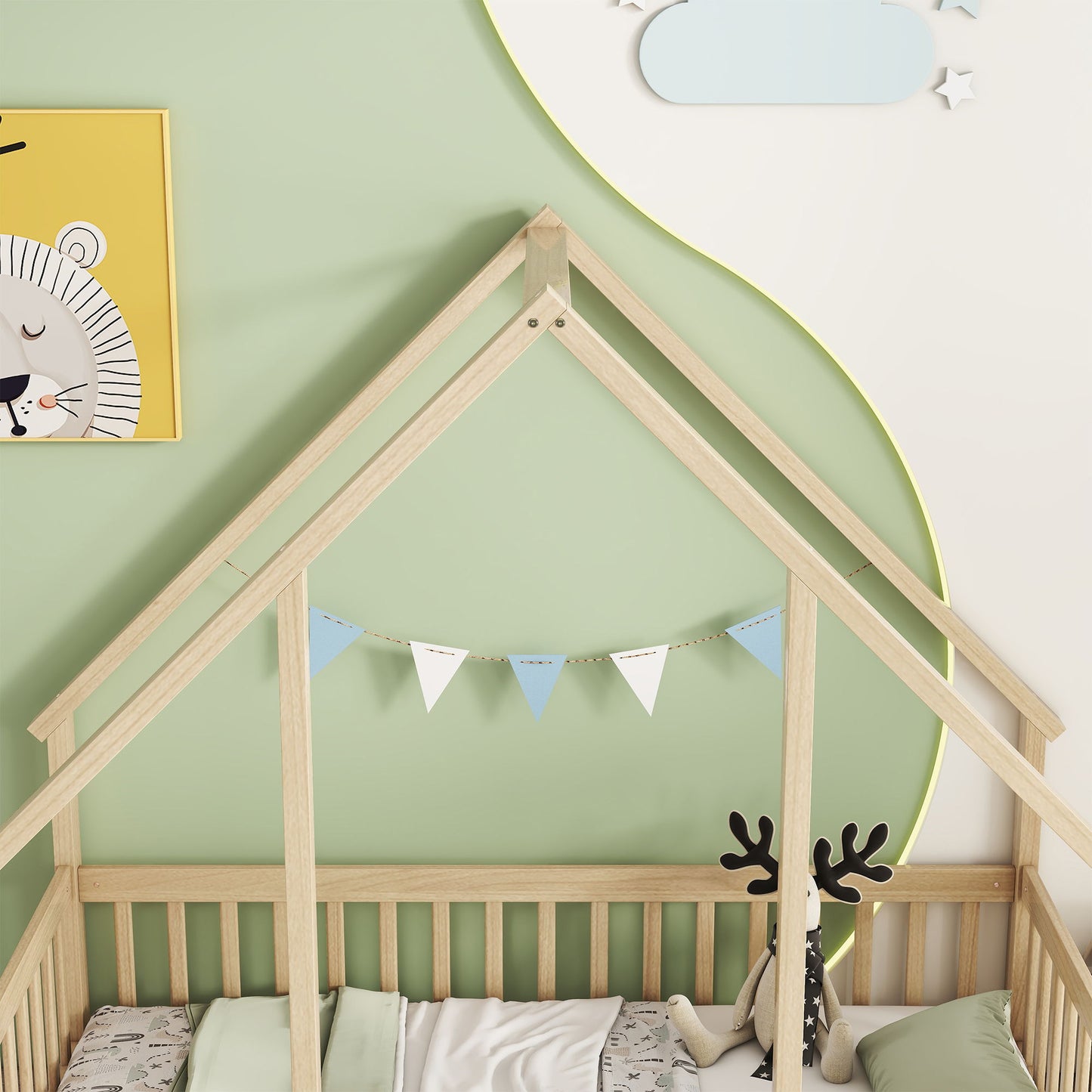 Wood House-Shaped Floor Bed With Fence, Guardrails - The Sleep Loft - Online Mattress Showroom NYC
