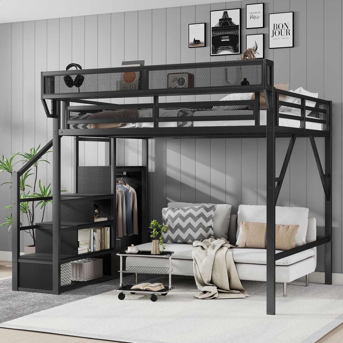 Queen Size Loft Bed With Stairs, Storage Shelves, Wardrobe - Black - The Sleep Loft - Online Mattress Showroom NYC