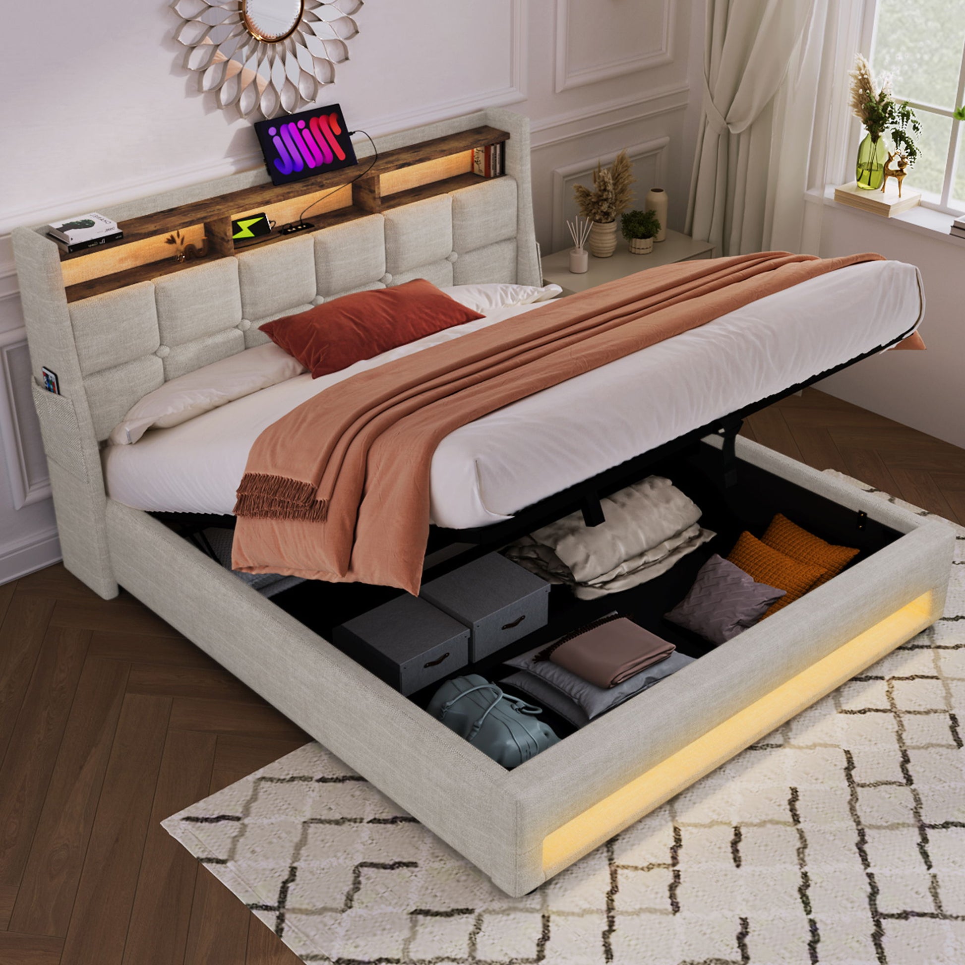 Upholstered Platform Bed With A Hydraulic Storage System, LED And USB Charging (Without Mattress) - The Sleep Loft - Online Mattress Showroom NYC