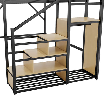 Queen Size Loft Bed & Stairs, Storage Shelves, Wardrobe - Black / Wood - The Sleep Loft - Online Mattress Showroom NYC