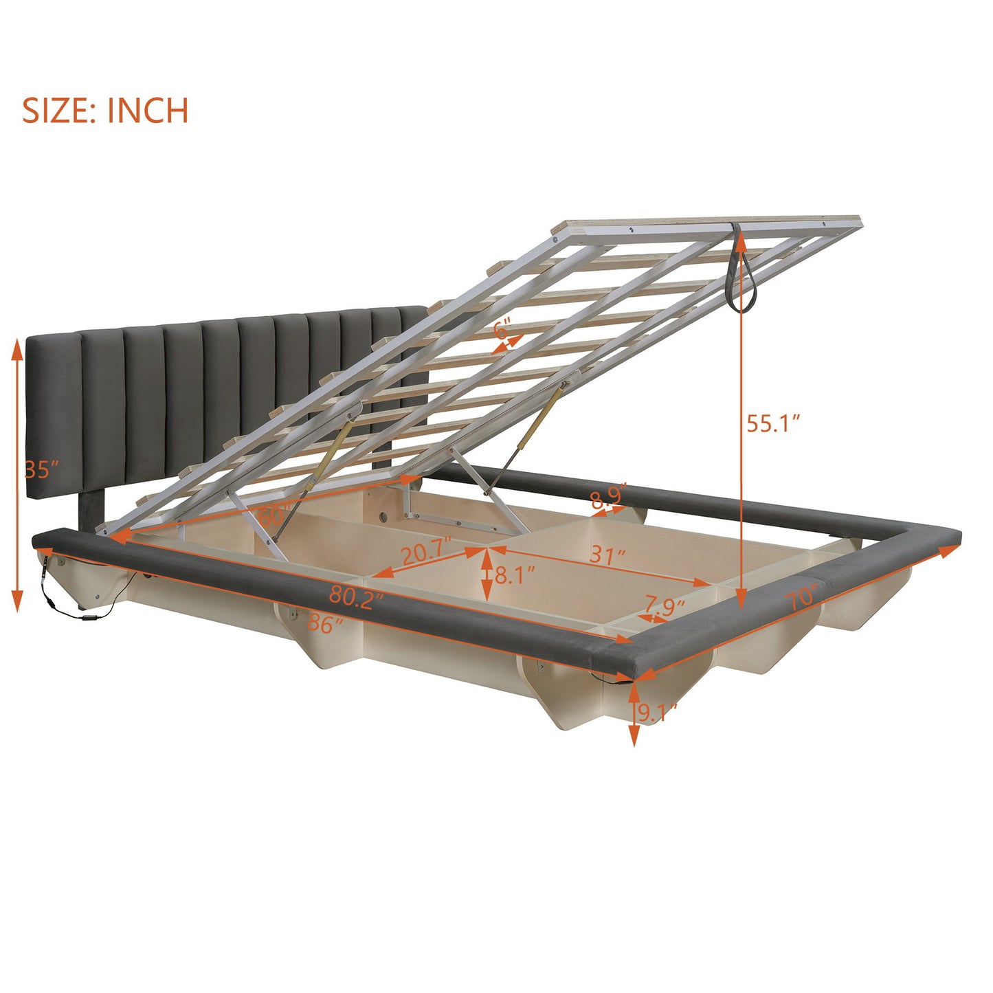 Upholstered Floating Hydrualic Platform Bed With LED Light And USB Port - The Sleep Loft - Online Mattress Showroom NYC