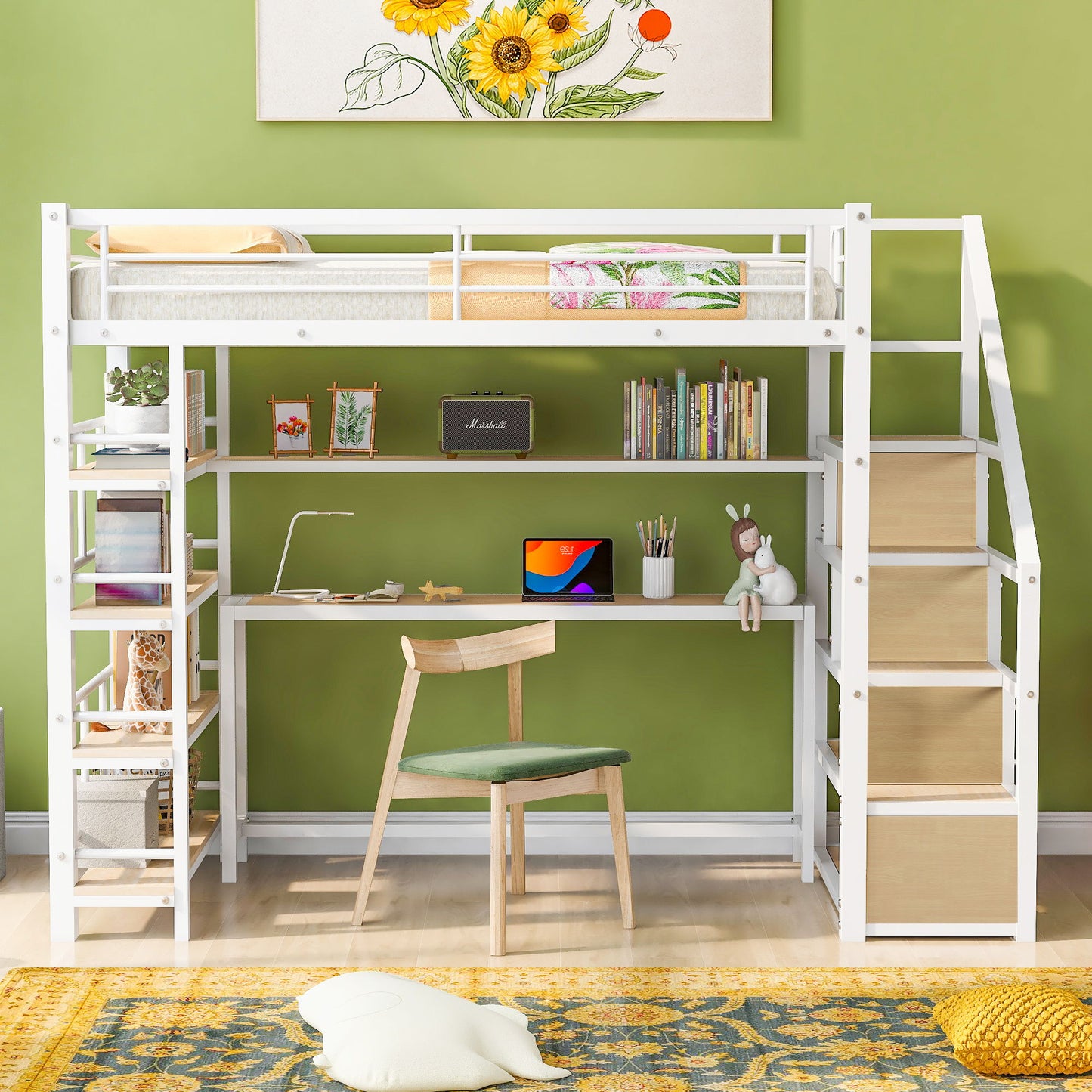 Twin Size Loft Bed With Built In Desk, Staircase Storage & 4 Tier Shelves - White - The Sleep Loft - Online Mattress Showroom NYC