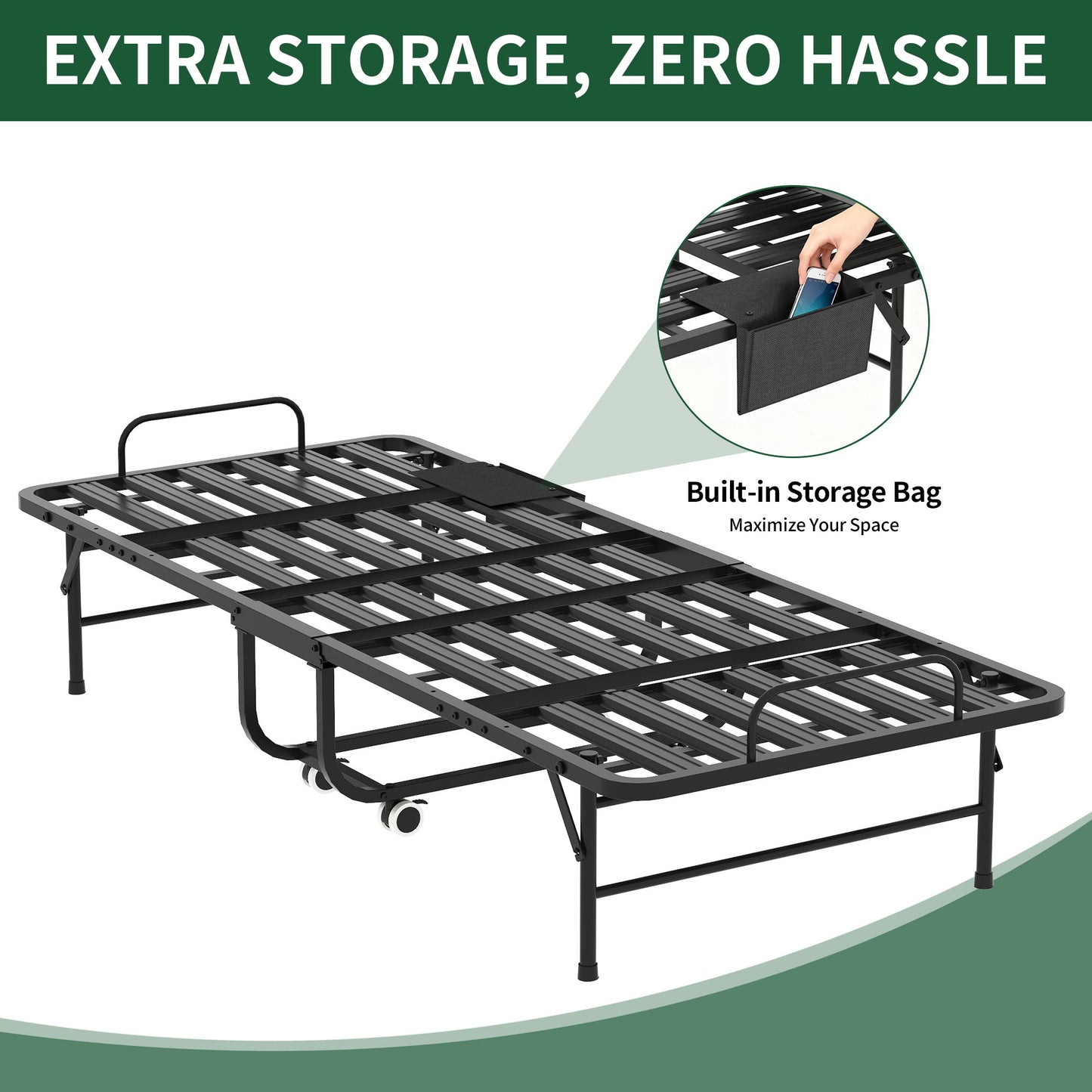 Twin Folding Bed With Memory Foam Mattress, On Wheels, Portable Bed For Adults & Guests - Black - The Sleep Loft - Online Mattress Showroom NYC