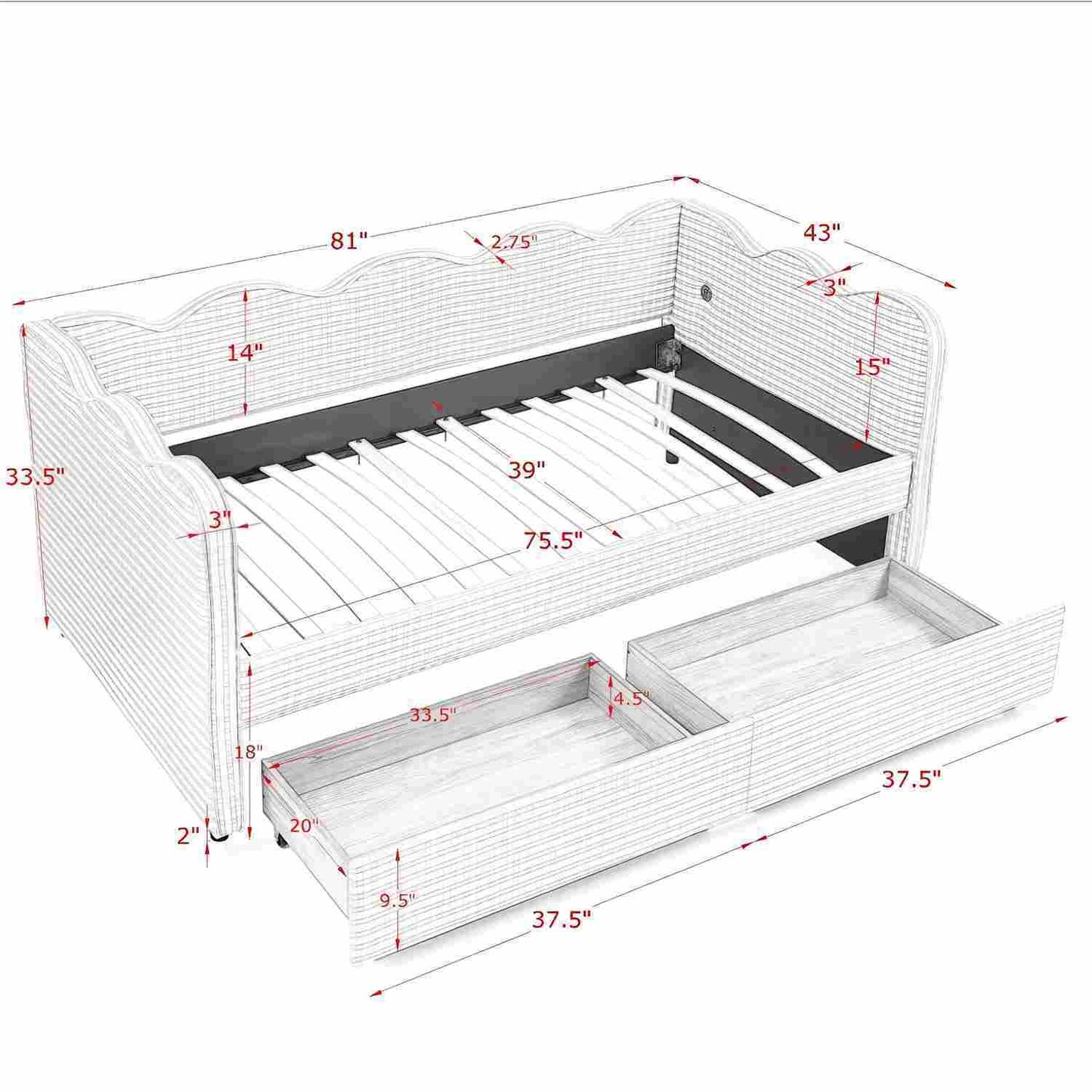 Gingham Daybed With USB Charging Port, Wave-Shaped Design - The Sleep Loft - Online Mattress Showroom NYC