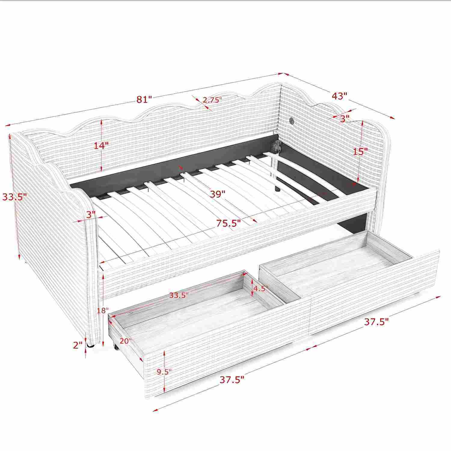 Gingham Daybed With USB Charging Port, Wave-Shaped Design - The Sleep Loft - Online Mattress Showroom NYC