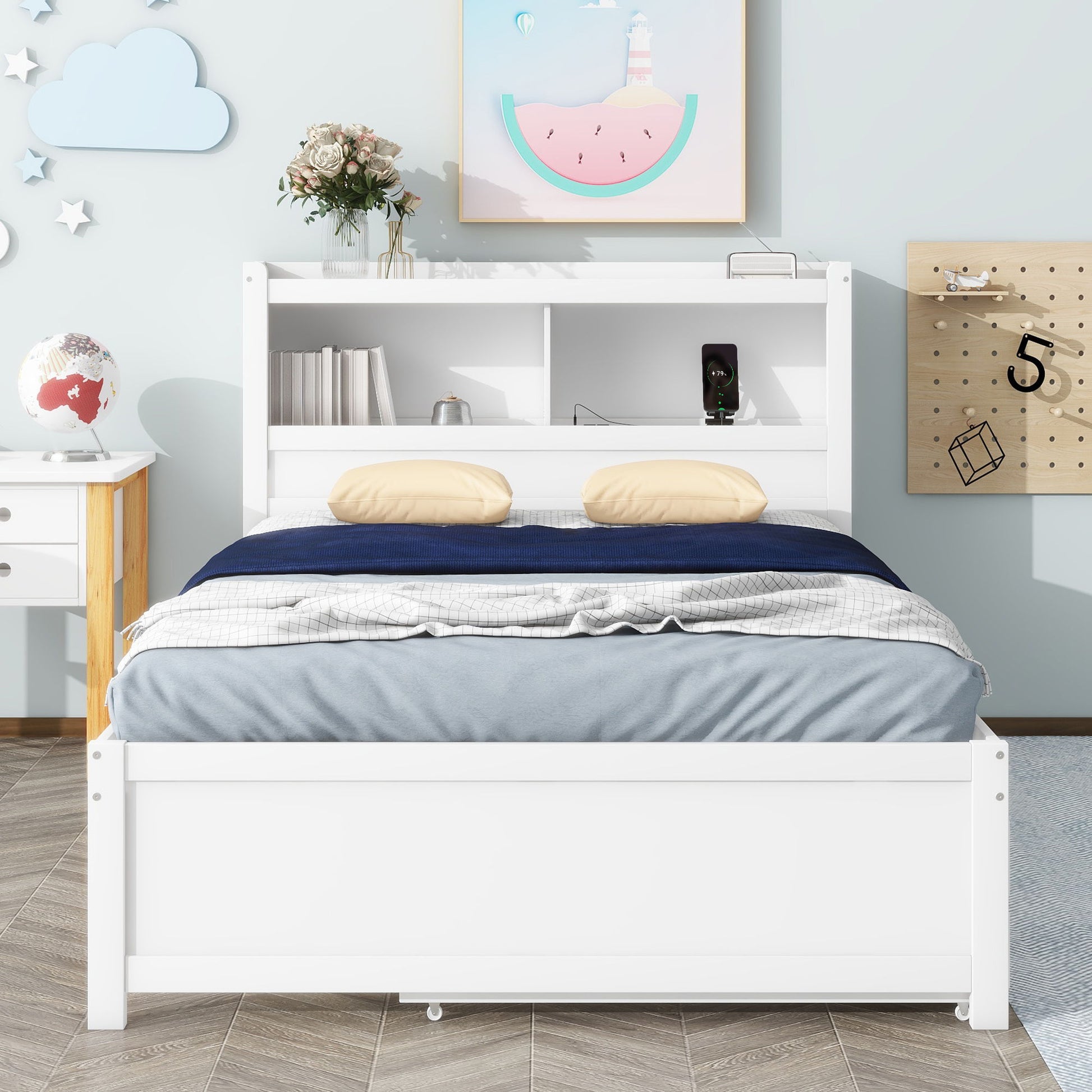 Full Size Platform Bed With Trundle, Drawers, USB Ports And Built In Shelves - White - The Sleep Loft - Online Mattress Showroom NYC
