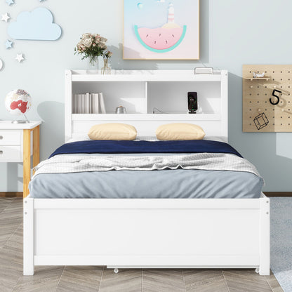 Full Size Platform Bed With Trundle, Drawers, USB Ports And Built In Shelves - White - The Sleep Loft - Online Mattress Showroom NYC