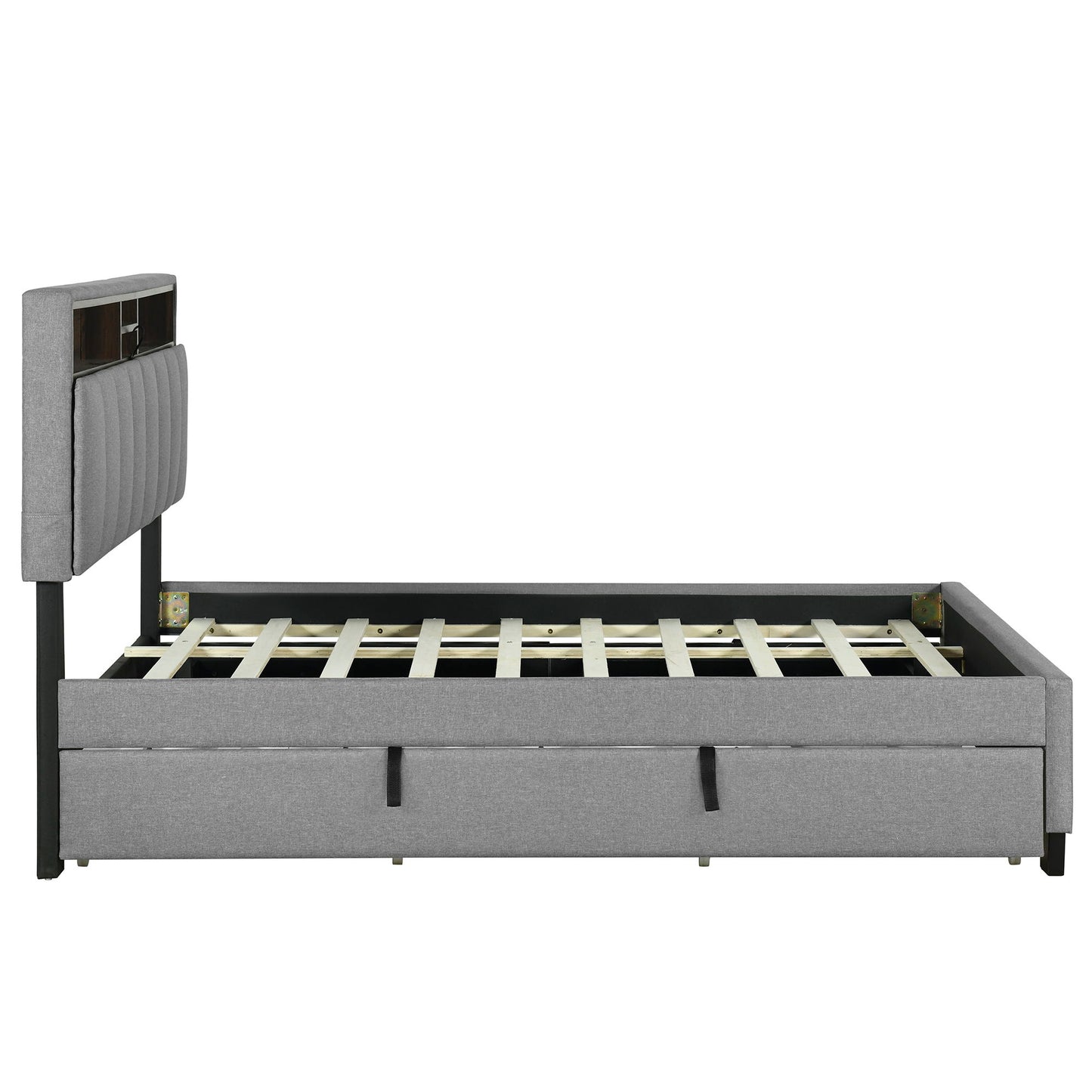 Upholstered Platform Bed With Storage Headboard, Trundle & 2 Drawers And A Set Of Sockets & USB Ports - The Sleep Loft - Online Mattress Showroom NYC