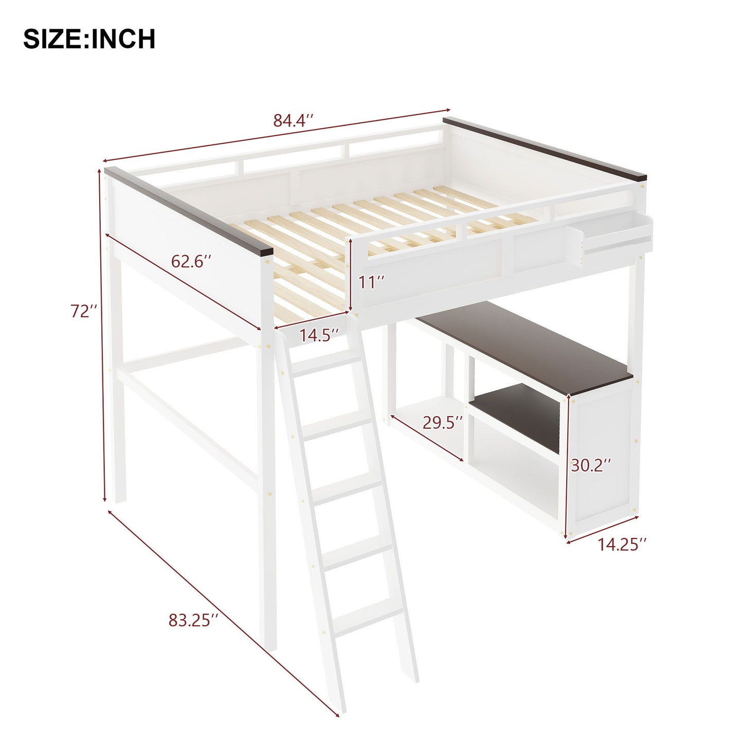 Queen Size Loft Bed With Desk, Open Shelf, Storage Box And USB Charging Station - White - The Sleep Loft - Online Mattress Showroom NYC